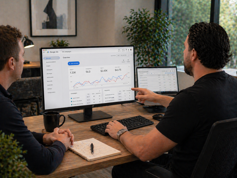 Two people working together at a desk with multiple computer monitors displaying financial data.