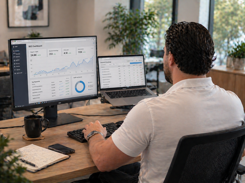 Founder working at a desk with multiple screens and a laptop.