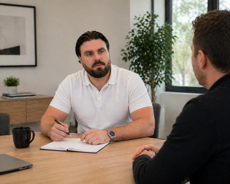 Two men sitting at a desk in an office setting, one taking notes.