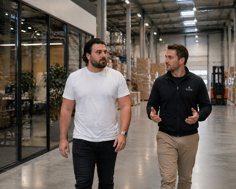 Two men walking through a warehouse with boxes and equipment in the background.