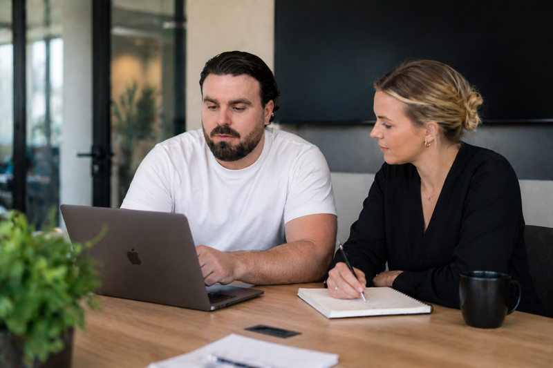 Two people working together at a desk with a laptop and notepad.