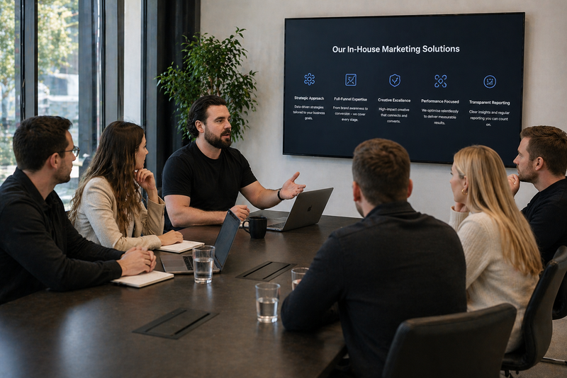 Group of people in a meeting room with a marketing presentation on screen