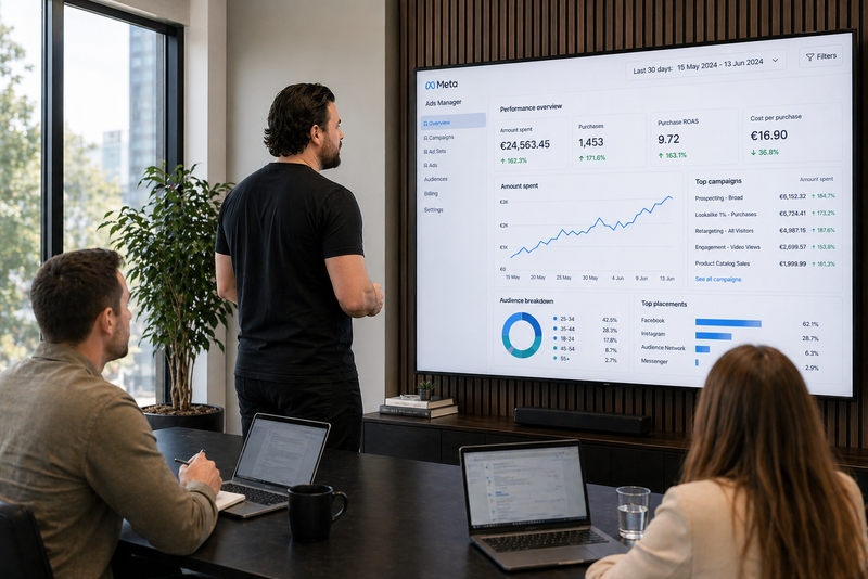 Three people in a meeting room with a large screen displaying marketing financial data.